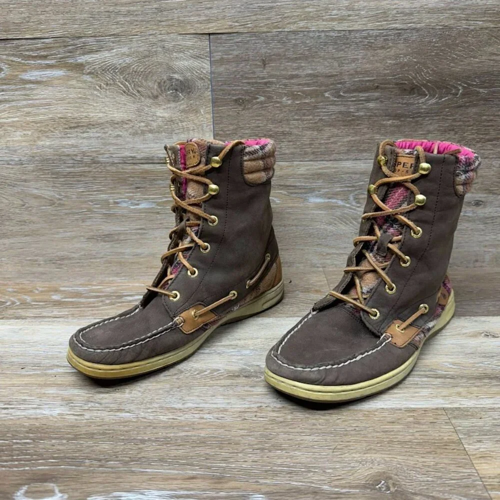 Sperry Hikerfish Brown Leather Pink Plaid Boots Women's Size 9